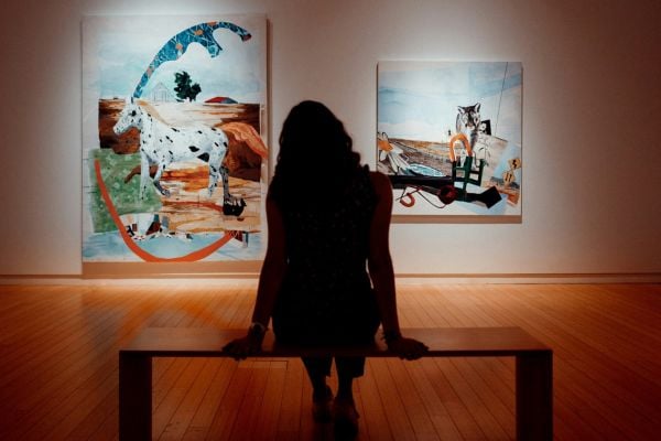 art - fundsforNGOs Silhouette of a person seated on a bench in a gallery, facing two large colorful paintings on the wall, with a warm wooden floor and soft overhead lighting.