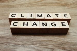 Wooden letter blocks spell 'CLIMATE CHANGE' on a wooden surface, illustrating the environmental issue.