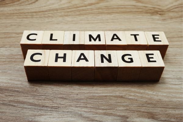 climate 1 - fundsforNGOs Wooden letter blocks spell 'CLIMATE CHANGE' on a wooden surface, illustrating the environmental issue.