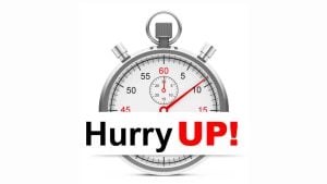 Stopwatch graphic with a bold 'Hurry UP!' banner, signaling urgency to act quickly.