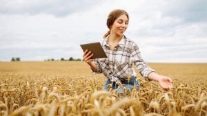 Young woman in a plaid shirt holds a tablet while standing in a golden wheat field, smiling.