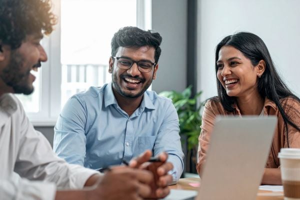 Three colleagues laughing and talking around a laptop in a bright office conference space, mid‑discussion area.