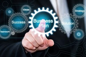 Hand pointing to a glowing 'Business Plan' gear, surrounded by gears labeled 'Success', 'Ideas', 'Strategy', 'Solution', and 'Teamwork'.