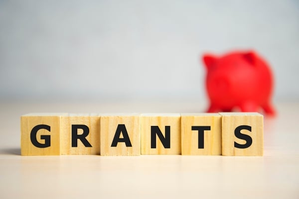 Blocks spell GRANTS; a red piggy bank is blurred in the background, implying funding or financial support.