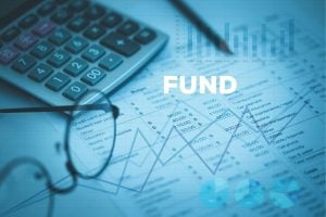 Blue finance scene with a calculator, glasses, and rising line graphs over a chart; the word FUND.