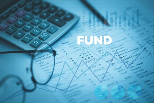 Blue finance scene with a calculator, glasses, and rising line graphs over a chart; the word FUND.