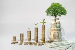 Investments grow over time: coins stacked taller with small plants, a tree on a jar of money symbolizing financial growth.