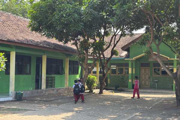 Green Schools - fundsforNGOs School courtyard with lime-green buildings, a large tree in the center, and several children walking around the yard.