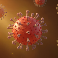 HEALTH 4 - fundsforNGOs Red spherical virus particle with spike proteins floating in a warm amber background, illustrating viruses in the bloodstream or tissues.
