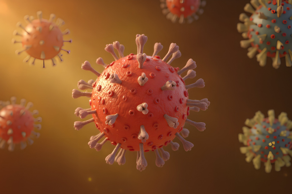 HEALTH 4 - fundsforNGOs Red spherical virus particle with spike proteins floating in a warm amber background, illustrating viruses in the bloodstream or tissues.
