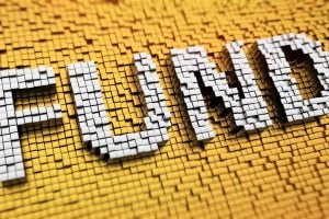 3D white block letters spelling FUND on a yellow grid background.