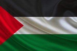 Palestinian national flag waving: black, white, and green horizontal stripes with a red triangle at the hoist.