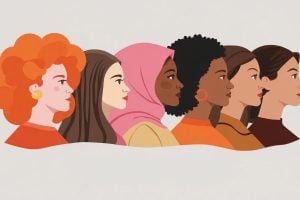 Line of diverse women in profile facing right, including a woman with orange hair and a pink hijab.