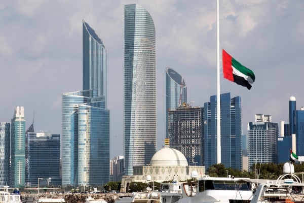 Marine Conservation 59 - fundsforNGOs Dubai skyline with glass skyscrapers, a domed building at water's edge, and a waving UAE flag over boats in the marina.