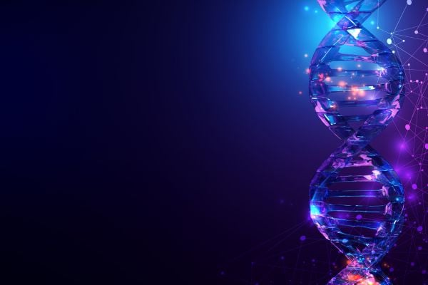 Glowing neon DNA double helix on the right against a dark gradient, with connecting nodes to suggest genetics and biotech.