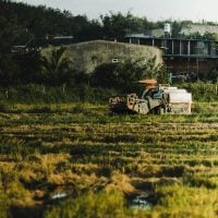 agriculture 1 - fundsforNGOs A combine harvester works across a grassy, waterlogged field with a building and trees in the background.