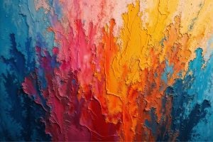 Abstract painting with thick, jagged layers of blue, pink, red, orange, and yellow paint.