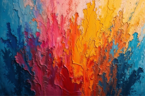 Abstract painting with thick, jagged layers of blue, pink, red, orange, and yellow paint.
