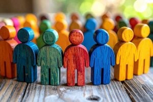 Colorful wooden human figurines lined up, symbolizing diversity and teamwork.