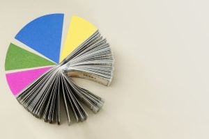 Opened magazine pages fanned into a colorful pie chart with blue, yellow, green, and pink segments on a light background.