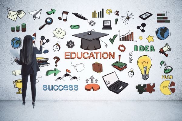 education 2 - fundsforNGOs Person drawing on a wall filled with education-themed doodles and the words EDUCATION, IDEA, and SUCCESS.