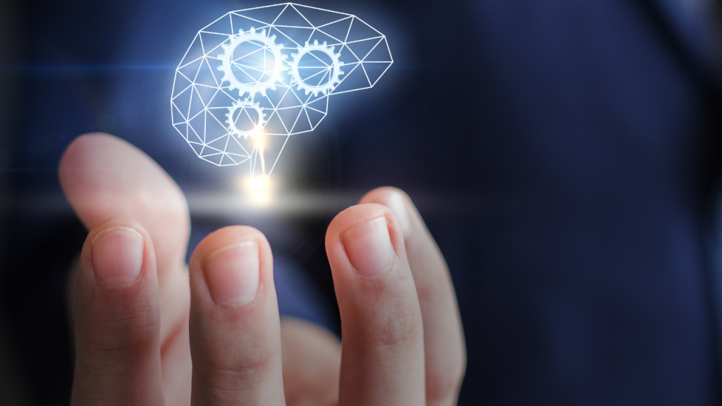 education and sports for children - fundsforNGOs Fingers hover near a glowing geometric brain with gears, symbolizing AI and technology.