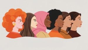 Six diverse women in profile, facing right, with varied hair colors and styles in a colorful illustration.