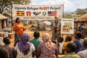 Group of Uganda refugees listening to two presenters in a camp, with a banner reading 'Uganda Refugee ReSET Project' and an easel sign that says 'Welcome Refugees' against huts and trees.