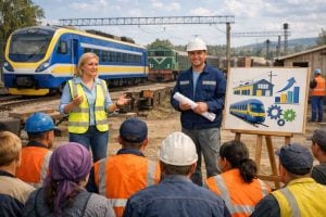 Workers in safety vests and hard hats listen to a briefing at a railway construction site, with trains and a drawings board in the background.