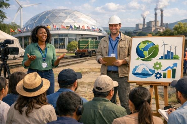 fundsforNGOs - 2026-06-01T113235376 - fundsforNGOs Two presenters speak to a seated group at an outdoor sustainability workshop, with a diagram of Earth, wind turbines, and gear on an easel.