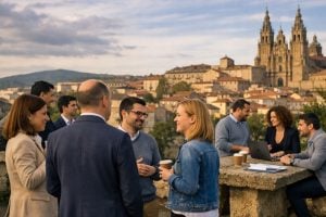 Professionals chatting with coffee cups on an outdoor terrace, a historic cityscape and cathedral in the background, laptop on a stone table nearby.
