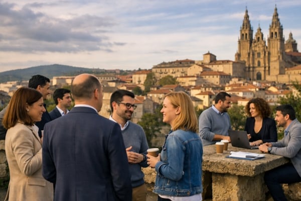 fundsforNGOs - 2026-06-01T151120304 - fundsforNGOs Professionals chatting with coffee cups on an outdoor terrace, a historic cityscape and cathedral in the background, laptop on a stone table nearby.