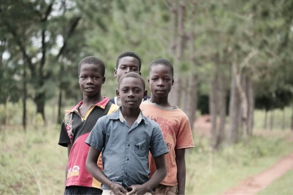fundsforNGOs - 2026-06-02T151728251 - fundsforNGOs Four boys stand in a line on a dirt path in a wooded area, looking at the camera.