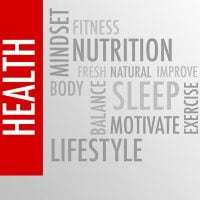 health 5 - fundsforNGOs Red vertical health banner on the left with the word 'HEALTH'; to the right, a gray word cloud of wellness terms such as SLEEP, NUTRITION, FITNESS, LIFESTYLE, and MOTIVATE.