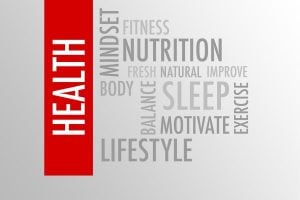 Red vertical health banner on the left with the word 'HEALTH'; to the right, a gray word cloud of wellness terms such as SLEEP, NUTRITION, FITNESS, LIFESTYLE, and MOTIVATE.