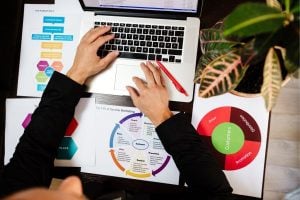 Overhead view of a person typing on a laptop at a desk with printed marketing diagrams and a potted plant nearby, suggesting a marketing analysis session.