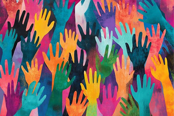 travel 1 - fundsforNGOs A colorful crowd of raised hands overlapping, symbolizing diversity, unity, and collective participation.