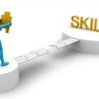 education and sports for children 1 - fundsforNGOs Blue humanoid figure holding a yellow puzzle piece, standing on a pedestal with a broken bridge leading to the word SKILLS in gold—symbolizing building skills.