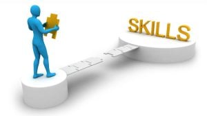 Blue humanoid figure holding a yellow puzzle piece, standing on a pedestal with a broken bridge leading to the word SKILLS in gold—symbolizing building skills.