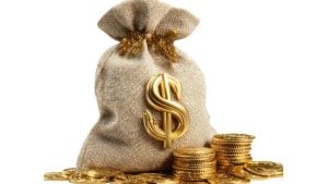 Gold money bag with a large dollar sign and stacked coins, symbolizing wealth or riches